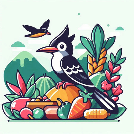 Cute cartoon black bird with fruits and vegetables. Vector illustration.のイラスト素材