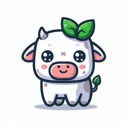 Cute cartoon cow with green leaves isolated on white background. Vector illustration.のイラスト素材
