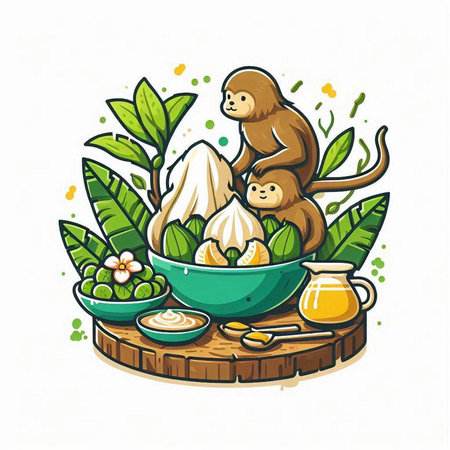 Vector illustration of a monkey in a bowl with honey, banana leaves and fruits.のイラスト素材