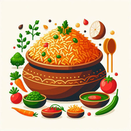 Indian cuisine. Rice in bowl with vegetables and spices. Vector illustrationのイラスト素材