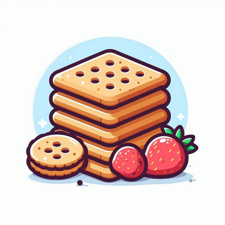 Illustration of a stack of cookies and strawberries on a white backgroundのイラスト素材