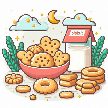 Vector illustration of a set of different types of cookies in a bowl.のイラスト素材