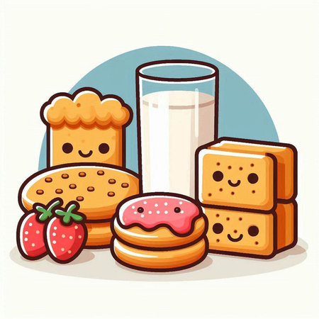 Biscuits with milk and strawberry. Vector illustration in cartoon style.のイラスト素材