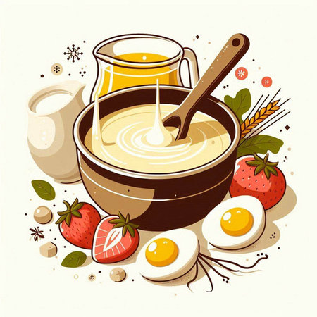 Vector illustration of a bowl of pancakes with butter, eggs and berriesのイラスト素材