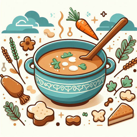 Vector illustration of soup in a pot with a spoon and ingredients for cookingのイラスト素材