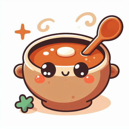 Illustration of a Cute Cartoon Pot of Soup with a Spoonのイラスト素材