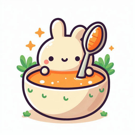 Cute rabbit eating soup in bowl. Vector cartoon character illustration.のイラスト素材