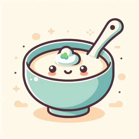 Cute vector illustration of a bowl of soup with a spoon.のイラスト素材