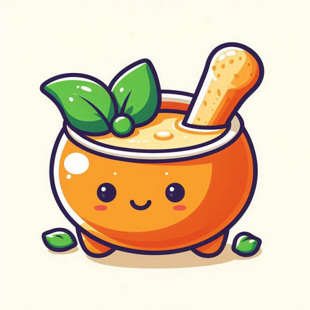 Cute cartoon pot of honey with mortar and pestle. Vector illustration.のイラスト素材