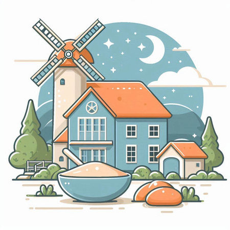 Illustration of a rural landscape with a house, a windmill and a bowl of flourのイラスト素材