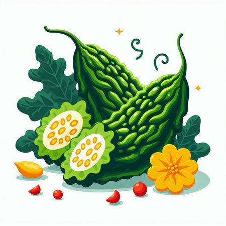 Bitter melon and kiwano. Vector illustration isolated on white background.のイラスト素材