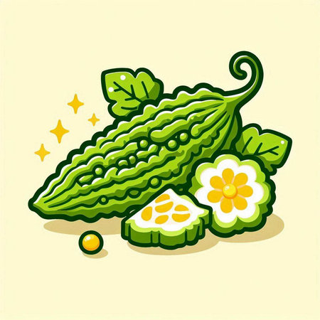 Illustration of a bitter gourd with leaf and slice.のイラスト素材