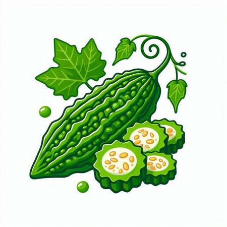 Illustration of bitter gourd with green leaves isolated on white backgroundのイラスト素材