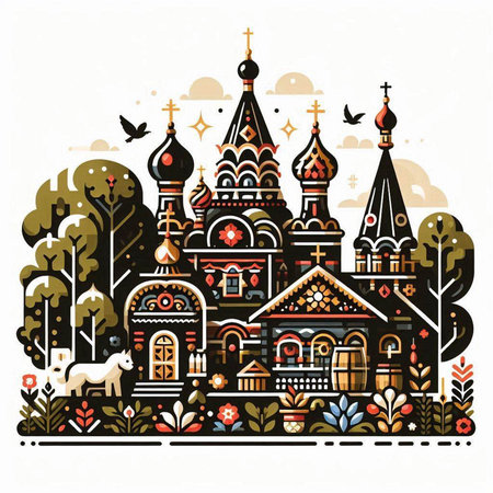 Orthodox church in the forest. Vector illustration in retro style.のイラスト素材