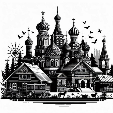 Orthodox church in the village. Monochrome vector illustration.のイラスト素材