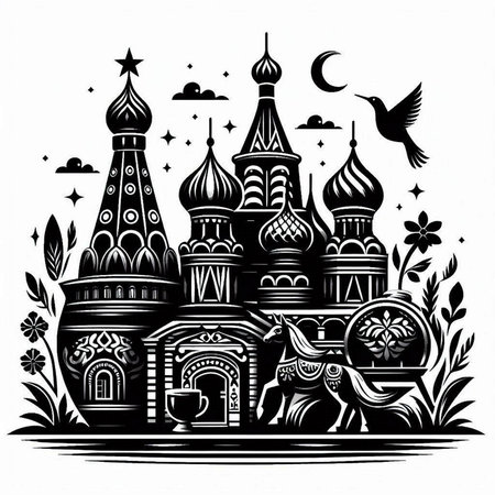 Saint Basil's Cathedral in Moscow, Russia. Black and white illustrationのイラスト素材
