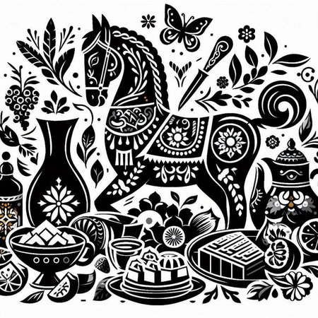 Horse, flowers, cake, tea, sweets, food. Black and white vector illustrationのイラスト素材