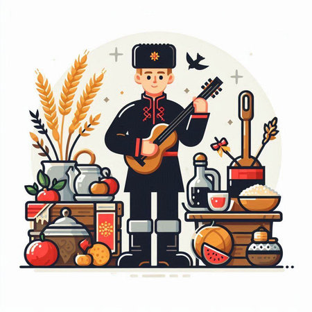 Vector illustration of a Jewish man in a kiddush costume playing the guitar.のイラスト素材