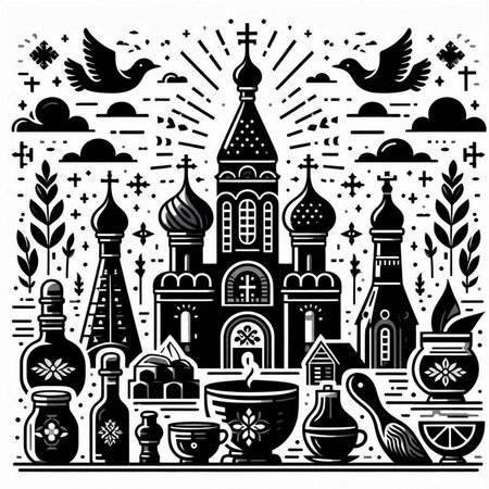 Vector illustration of religious symbols and elements of Russian culture. Monochrome design.のイラスト素材