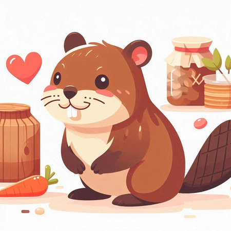 Cute beaver with a jar of honey. Vector illustration.のイラスト素材