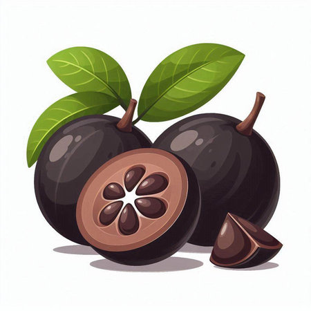 Whole and half of black olives with leaves. Vector illustration.のイラスト素材