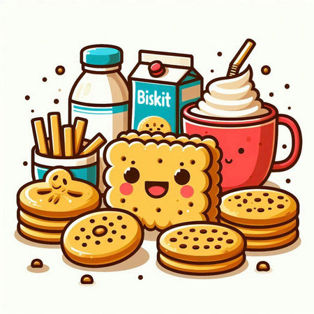 Biscuits, milk and cookies vector illustration in cartoon style.のイラスト素材