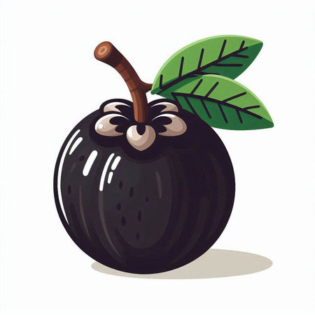 Black plum fruit with leaf isolated on white background. Vector illustration.のイラスト素材