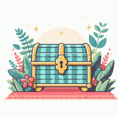 Treasure chest with keyhole and floral decoration. Vector illustration.のイラスト素材