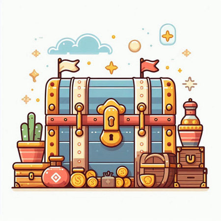 Cartoon treasure chest. Vector illustration of a treasure chest full of gold.のイラスト素材