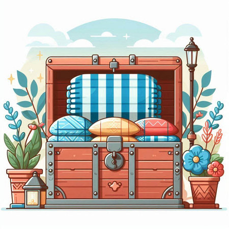 Treasure chest with pillows and plaids. Vector illustration.のイラスト素材