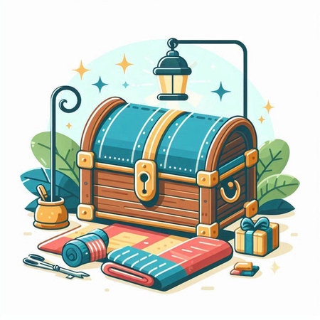 Treasure chest with a candle, a blanket, a book, a lamp, a coffee cup and a flashlight. Vector illustration.のイラスト素材