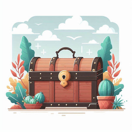 Wooden chest with keyhole and cactus. Vector illustration.のイラスト素材