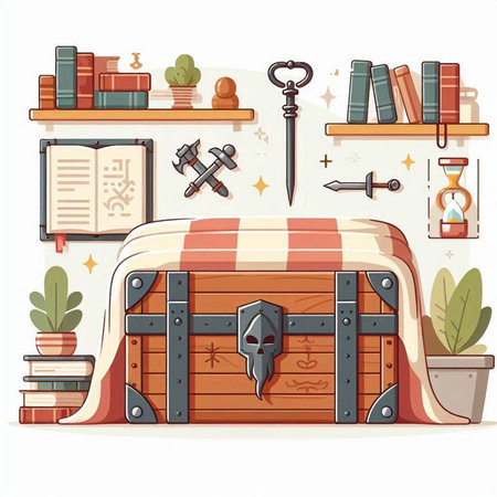 Vintage wooden chest, books and other stuff. Vector illustration.のイラスト素材