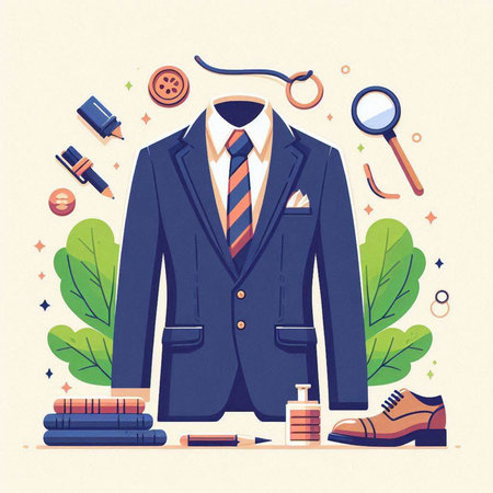 Vector illustration of a business man's suit and accessories on a white background.のイラスト素材