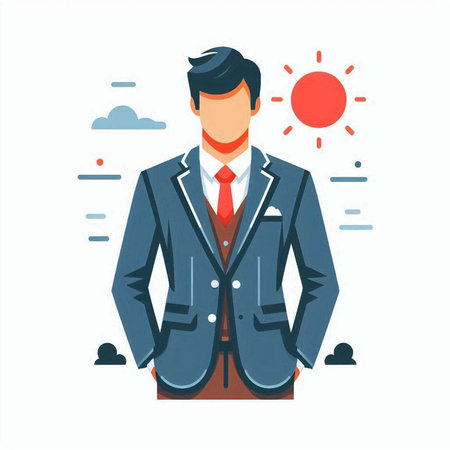 Businessman in a suit with a sun in the background. Vector illustrationのイラスト素材