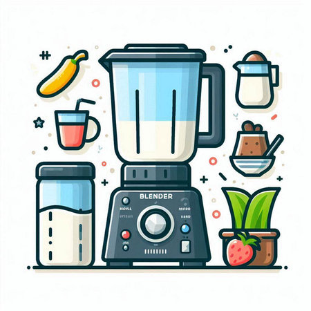 Flat line style vector illustration. Blender with ingredients for making smoothies.のイラスト素材