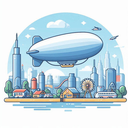 Airship on the background of the modern city. Vector illustration.のイラスト素材