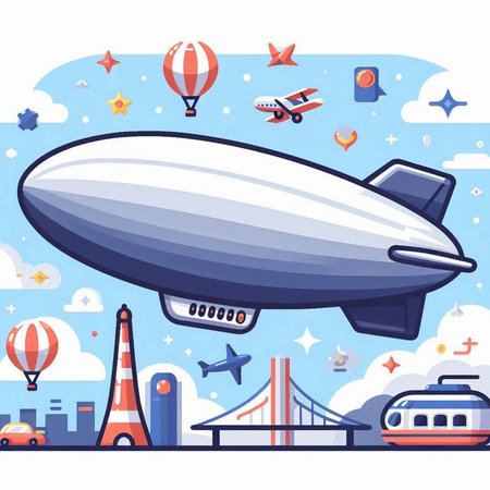 Airship and air transport. Vector illustration in flat style on blue background.のイラスト素材