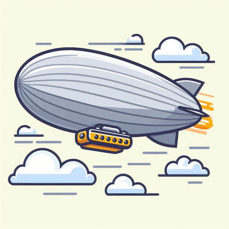 Airship in the sky with clouds. Cartoon style vector illustration.のイラスト素材
