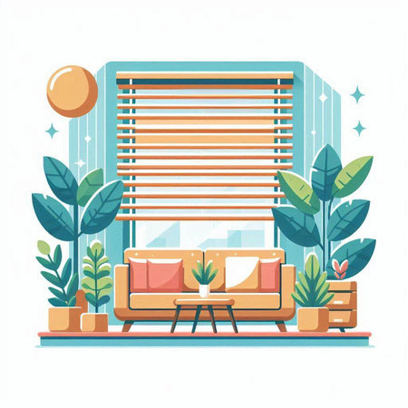 Living room interior with sofa and plants. Flat style vector illustration.のイラスト素材
