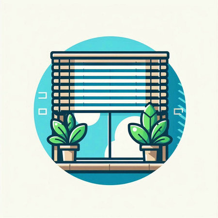 Window with blinds and plants. Vector illustration in flat style.のイラスト素材