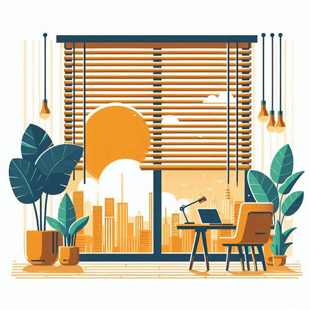 Vector illustration of a modern office interior with window blinds and plantsのイラスト素材