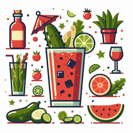 Cucumber, tomato, lemon, lime, watermelon, mojito. Vector illustration.のイラスト素材