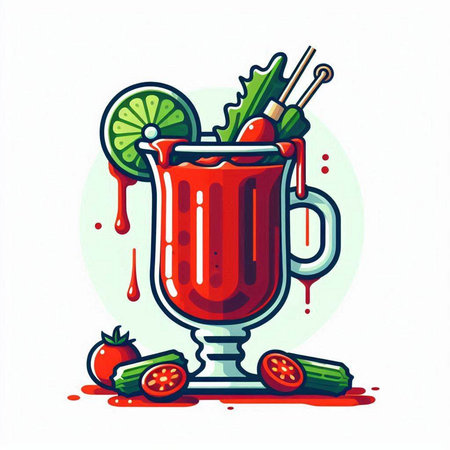 Illustration of a glass of tomato juice with lime, cucumber, pepper, tomato and strawsのイラスト素材