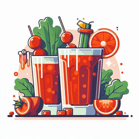 Glasses of fresh juice with fruits and vegetables. Vector illustration.のイラスト素材