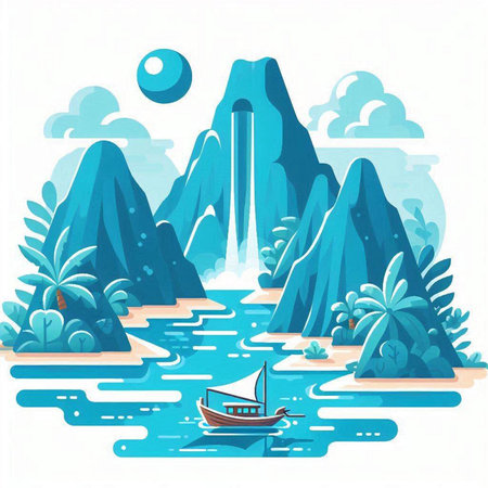Landscape with mountains and boats. Vector illustration in flat style.のイラスト素材
