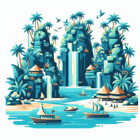 Vector illustration of a tropical island with palm trees, houses and boats.のイラスト素材