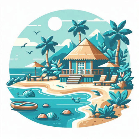 Tropical beach with bungalows and palm trees. Vector illustration.のイラスト素材