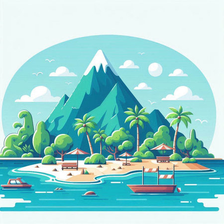 Tropical island with palm trees and boats. Vector illustration.のイラスト素材