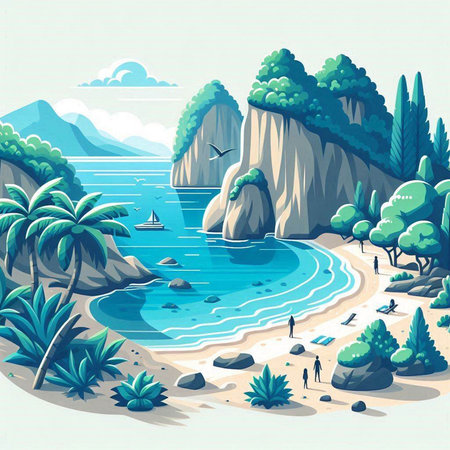 Tropical beach vector illustration with palm trees, rocks and mountainsのイラスト素材